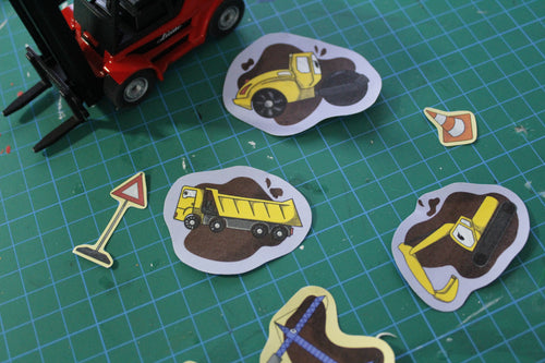Achtung Baustelle! – 5-teiliges Sticker-Set mit Bagger, Kran & Co. | Handgezeichnete Kinder-Sticker